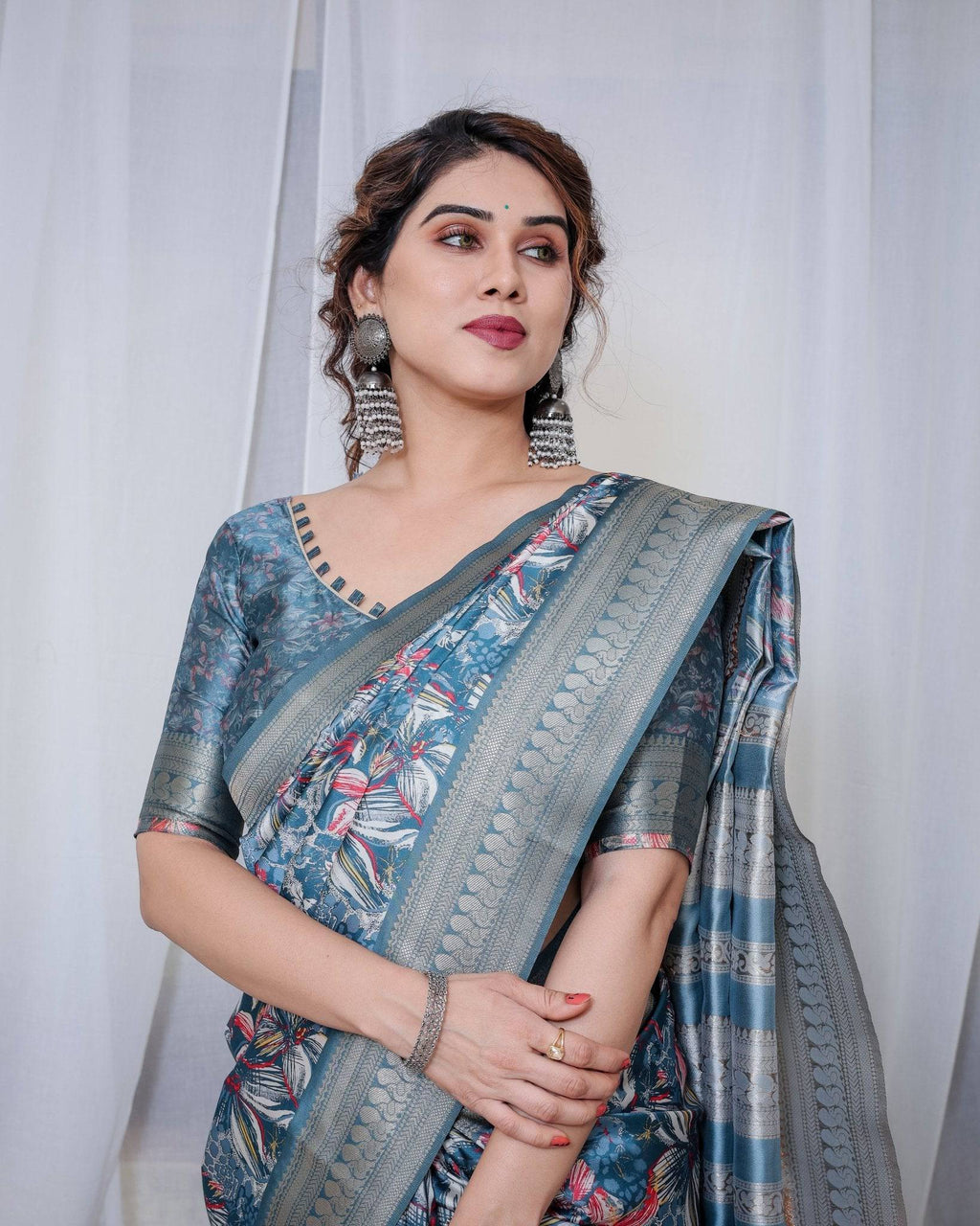 Enchanting Blue Banarasi Silk Saree with Multicolor Floral Weaves and Luxurious Zari Pallu with Tassels BANARASI PRINTED