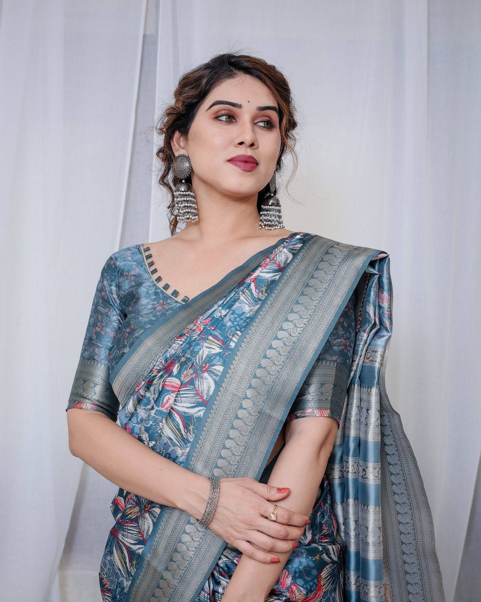 Enchanting Blue Banarasi Silk Saree with Multicolor Floral Weaves and Luxurious Zari Pallu with Tassels BANARASI PRINTED