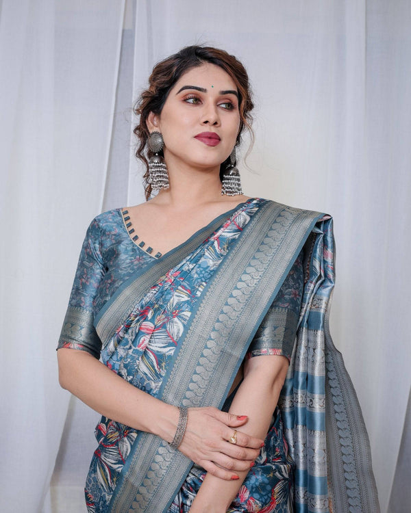 Enchanting Blue Banarasi Silk Saree with Multicolor Floral Weaves and Luxurious Zari Pallu with Tassels BANARASI PRINTED