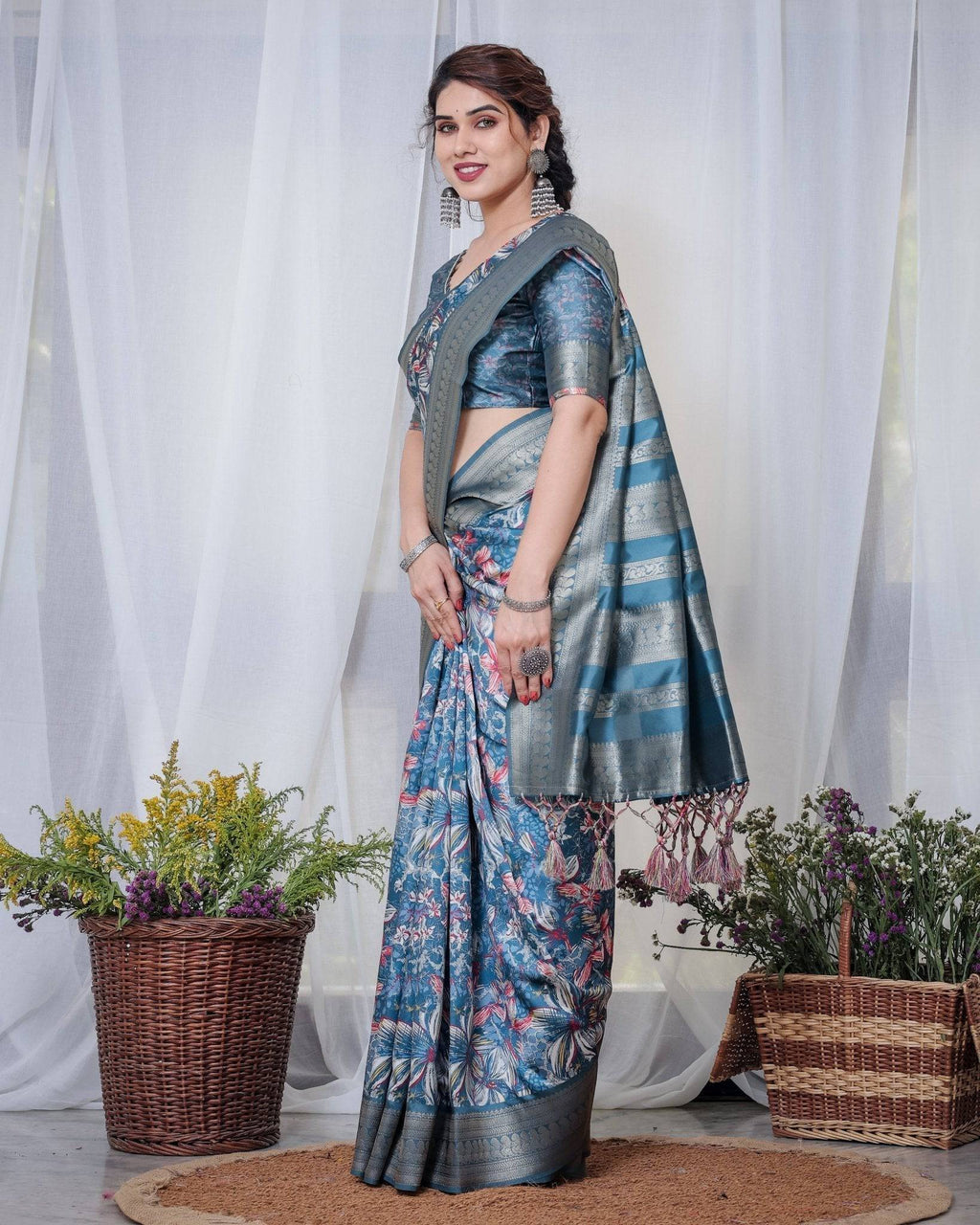 Enchanting Blue Banarasi Silk Saree with Multicolor Floral Weaves and Luxurious Zari Pallu with Tassels BANARASI PRINTED