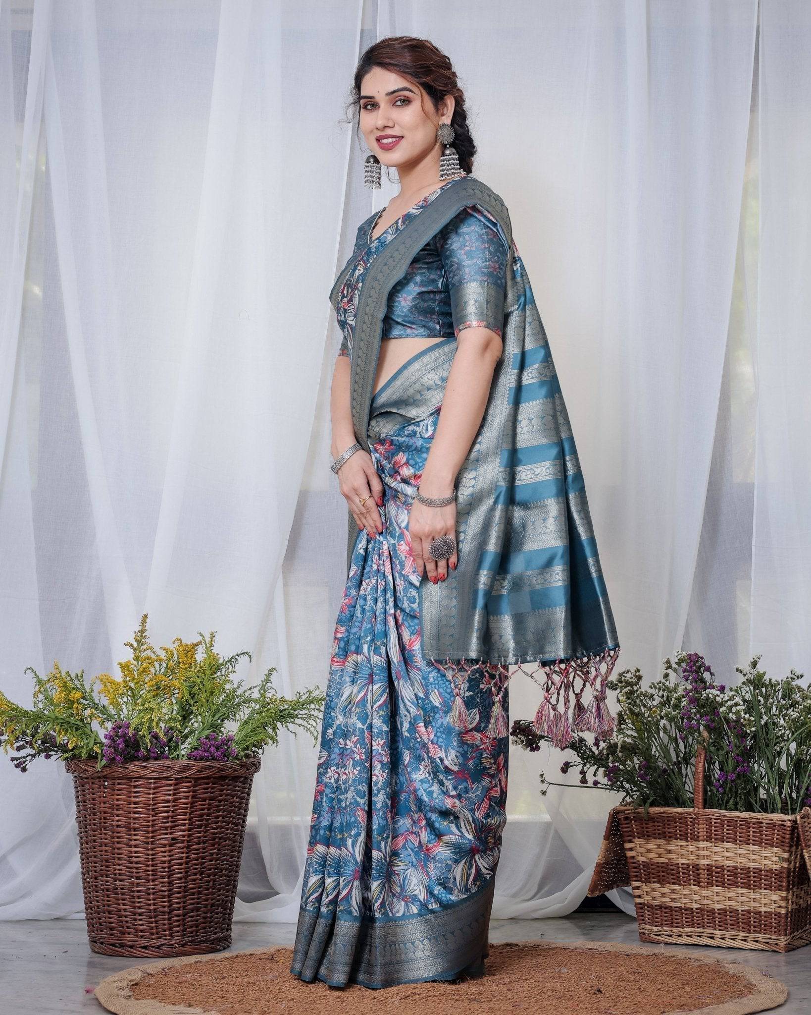 Enchanting Blue Banarasi Silk Saree with Multicolor Floral Weaves and Luxurious Zari Pallu with Tassels BANARASI PRINTED