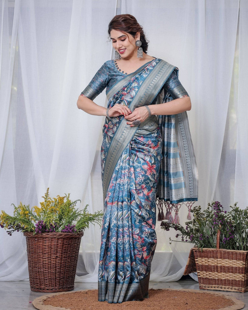 Enchanting Blue Banarasi Silk Saree with Multicolor Floral Weaves and Luxurious Zari Pallu with Tassels BANARASI PRINTED
