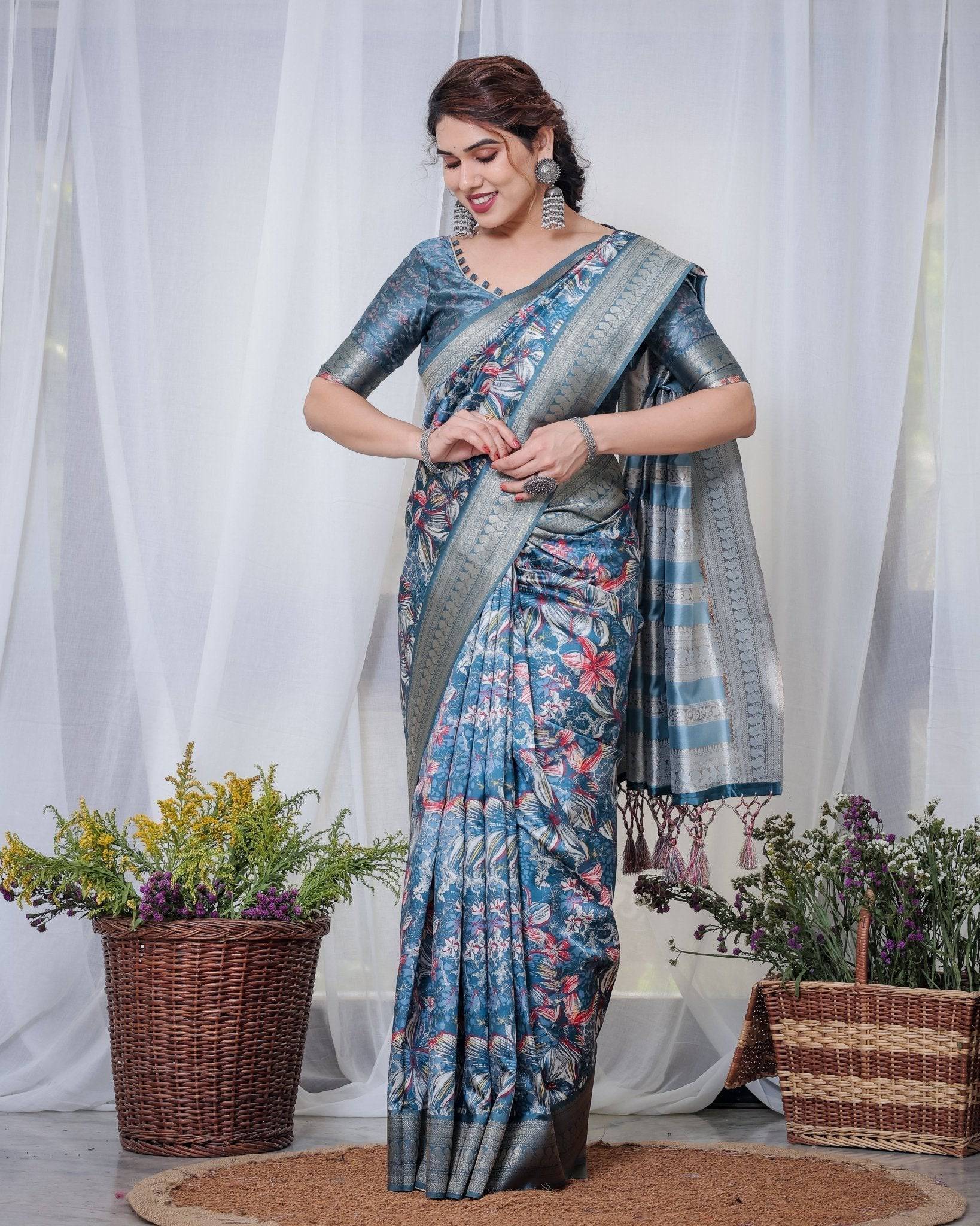 Enchanting Blue Banarasi Silk Saree with Multicolor Floral Weaves and Luxurious Zari Pallu with Tassels BANARASI PRINTED