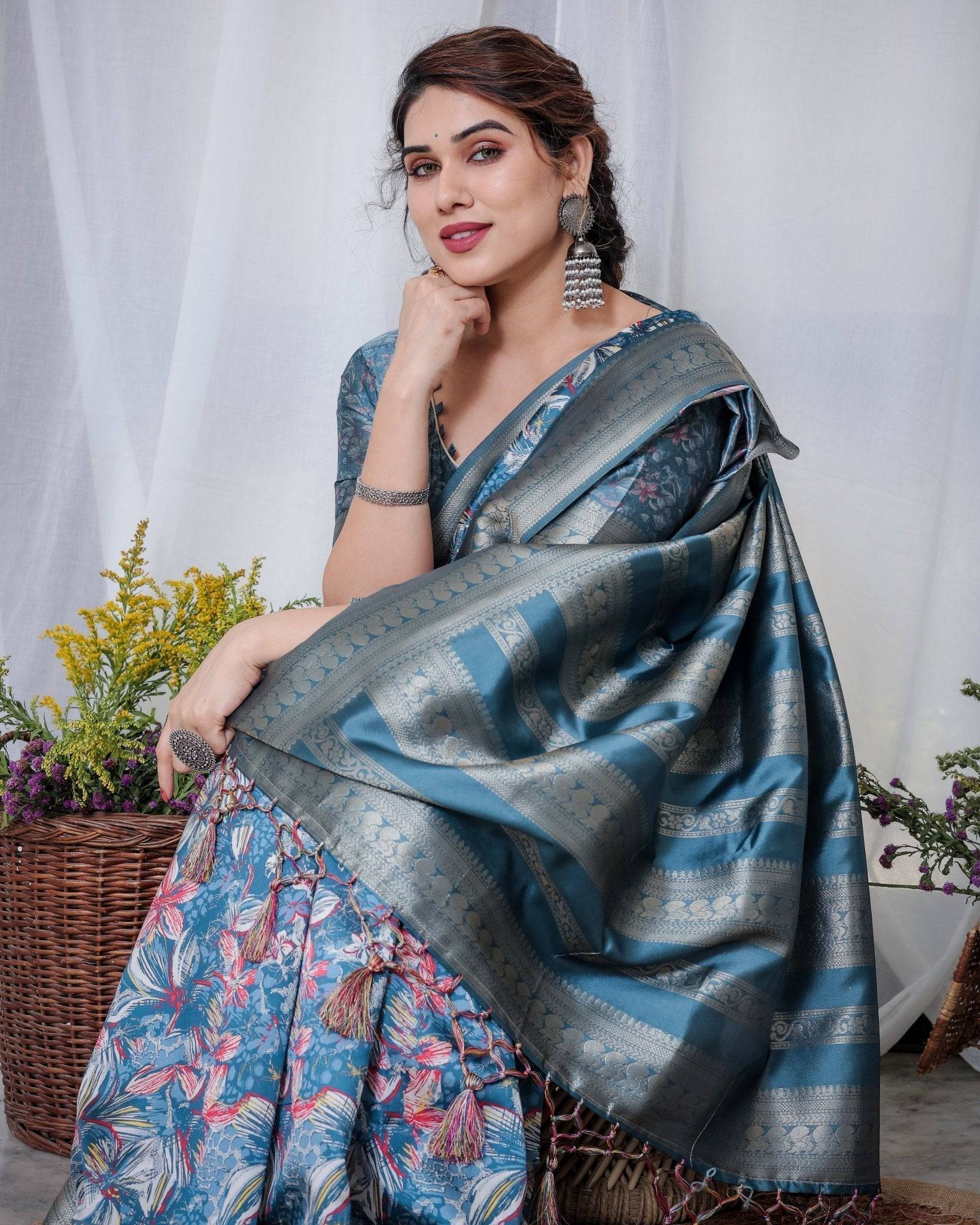 Enchanting Blue Banarasi Silk Saree with Multicolor Floral Weaves and Luxurious Zari Pallu with Tassels BANARASI PRINTED