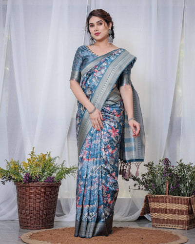 Enchanting Blue Banarasi Silk Saree with Multicolor Floral Weaves and Luxurious Zari Pallu with Tassels BANARASI PRINTED