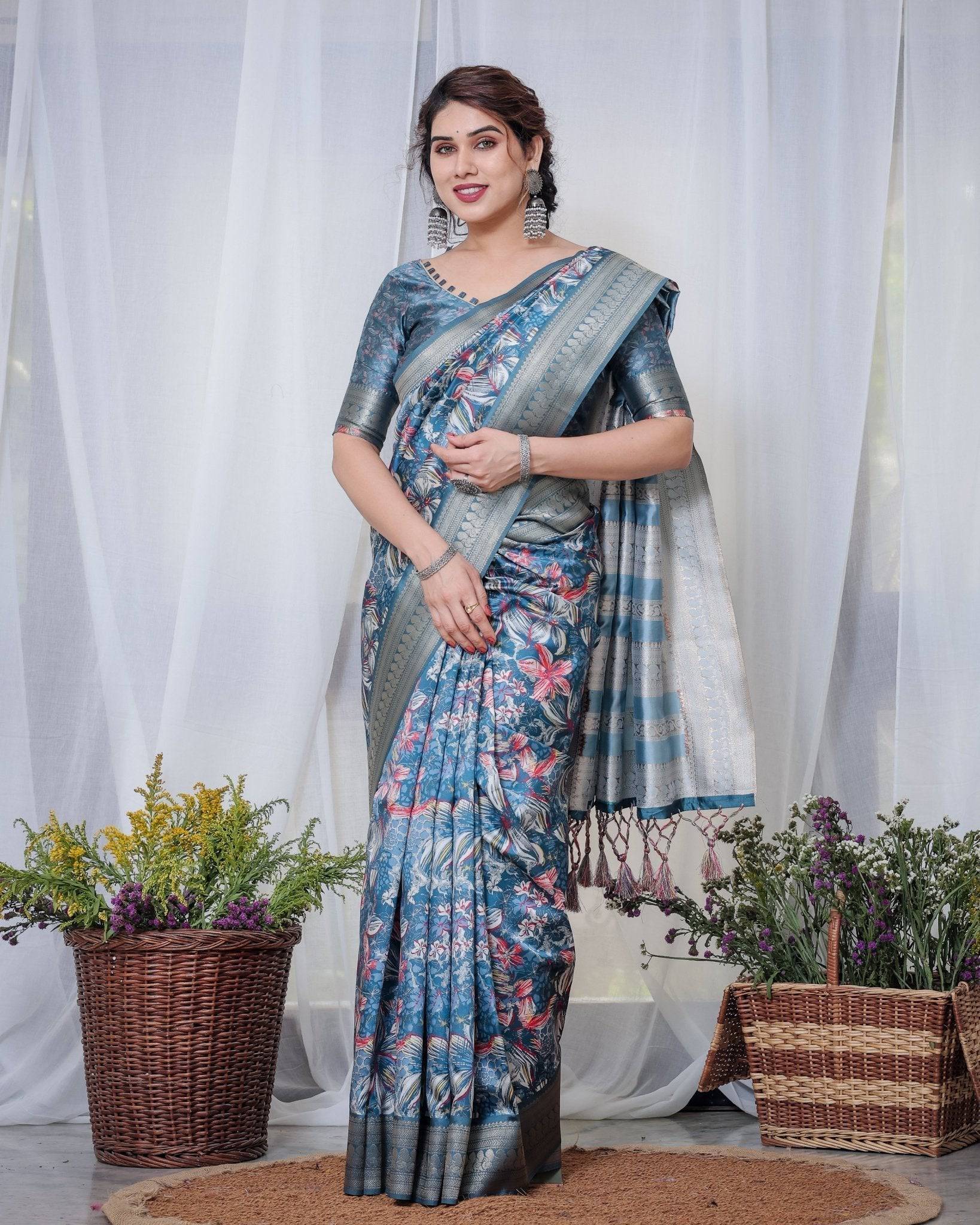 Enchanting Blue Banarasi Silk Saree with Multicolor Floral Weaves and Luxurious Zari Pallu with Tassels BANARASI PRINTED Main image