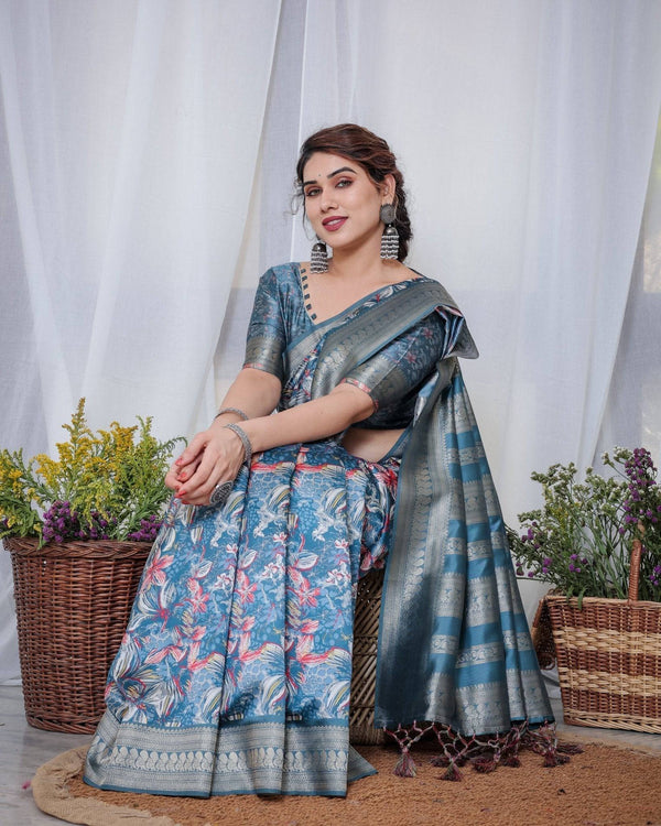Enchanting Blue Banarasi Silk Saree with Multicolor Floral Weaves and Luxurious Zari Pallu with Tassels BANARASI PRINTED