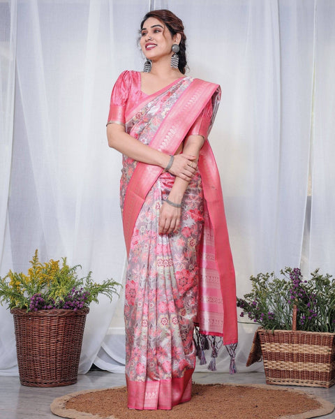 Graceful Pink and Silver Banarasi Silk Saree with Vibrant Floral Design, Zari Weaved Border, and Elegant Pallu BANARASI PRINTED Main image