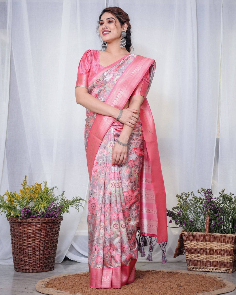 Graceful Pink and Silver Banarasi Silk Saree with Vibrant Floral Design, Zari Weaved Border, and Elegant Pallu BANARASI PRINTED