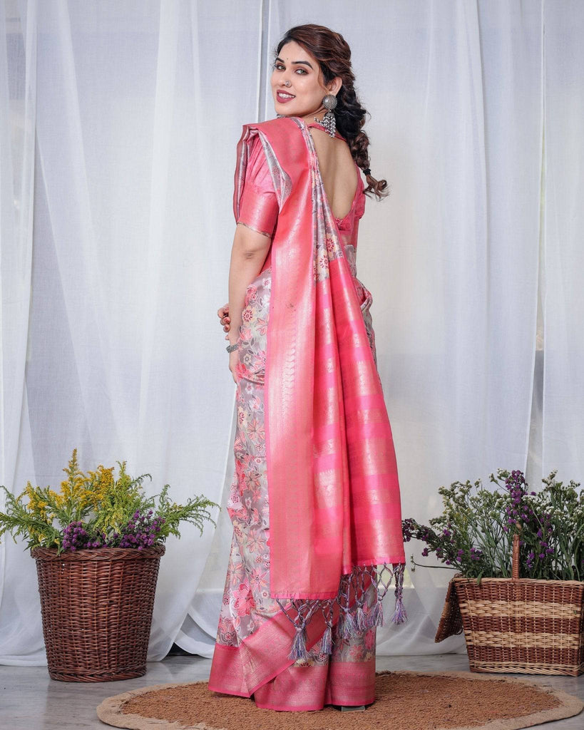 Graceful Pink and Silver Banarasi Silk Saree with Vibrant Floral Design, Zari Weaved Border, and Elegant Pallu BANARASI PRINTED