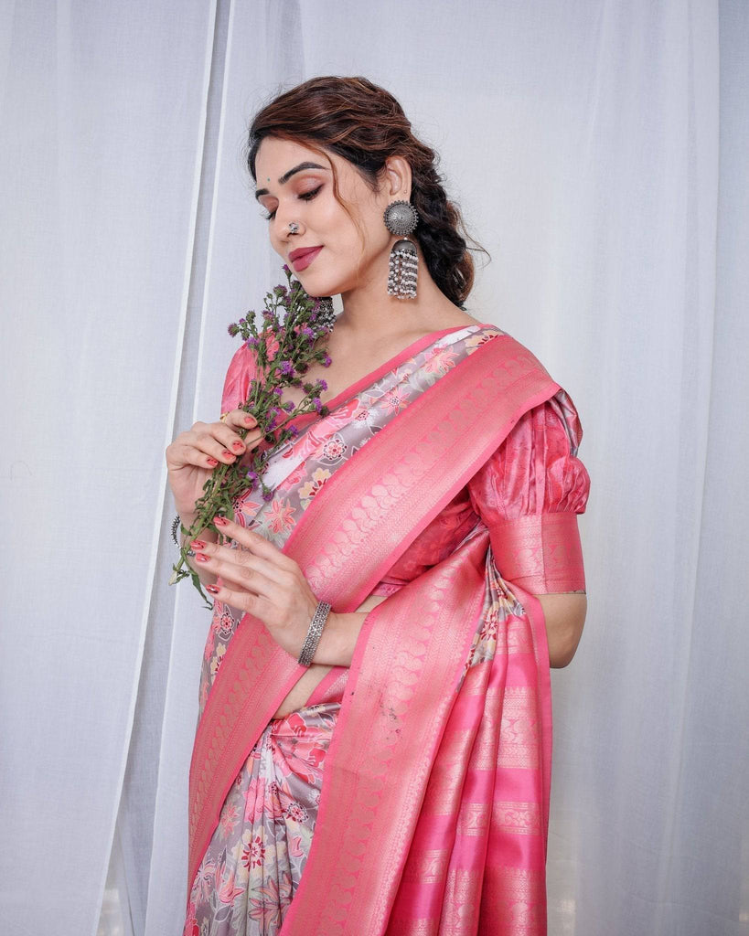 Graceful Pink and Silver Banarasi Silk Saree with Vibrant Floral Design, Zari Weaved Border, and Elegant Pallu BANARASI PRINTED