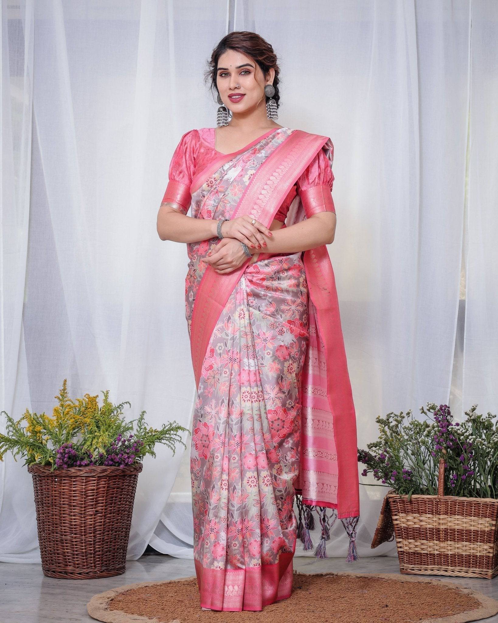 Graceful Pink and Silver Banarasi Silk Saree with Vibrant Floral Design, Zari Weaved Border, and Elegant Pallu Secondary image