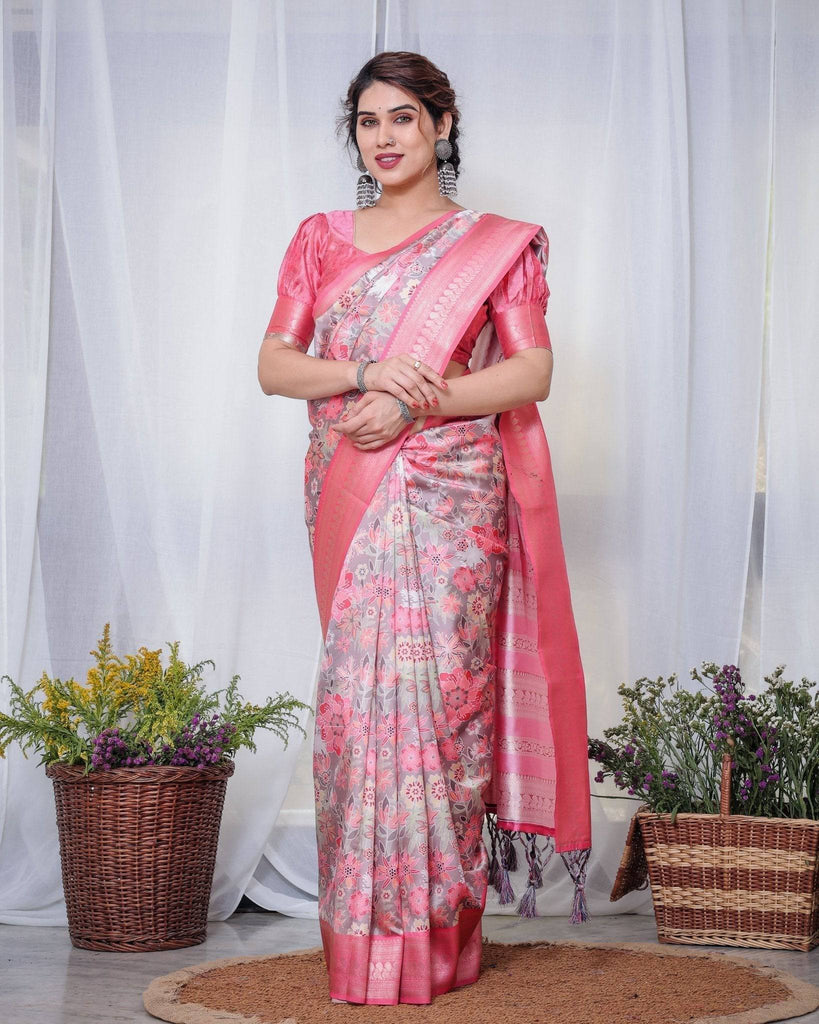 Graceful Pink and Silver Banarasi Silk Saree with Vibrant Floral Design, Zari Weaved Border, and Elegant Pallu BANARASI PRINTED