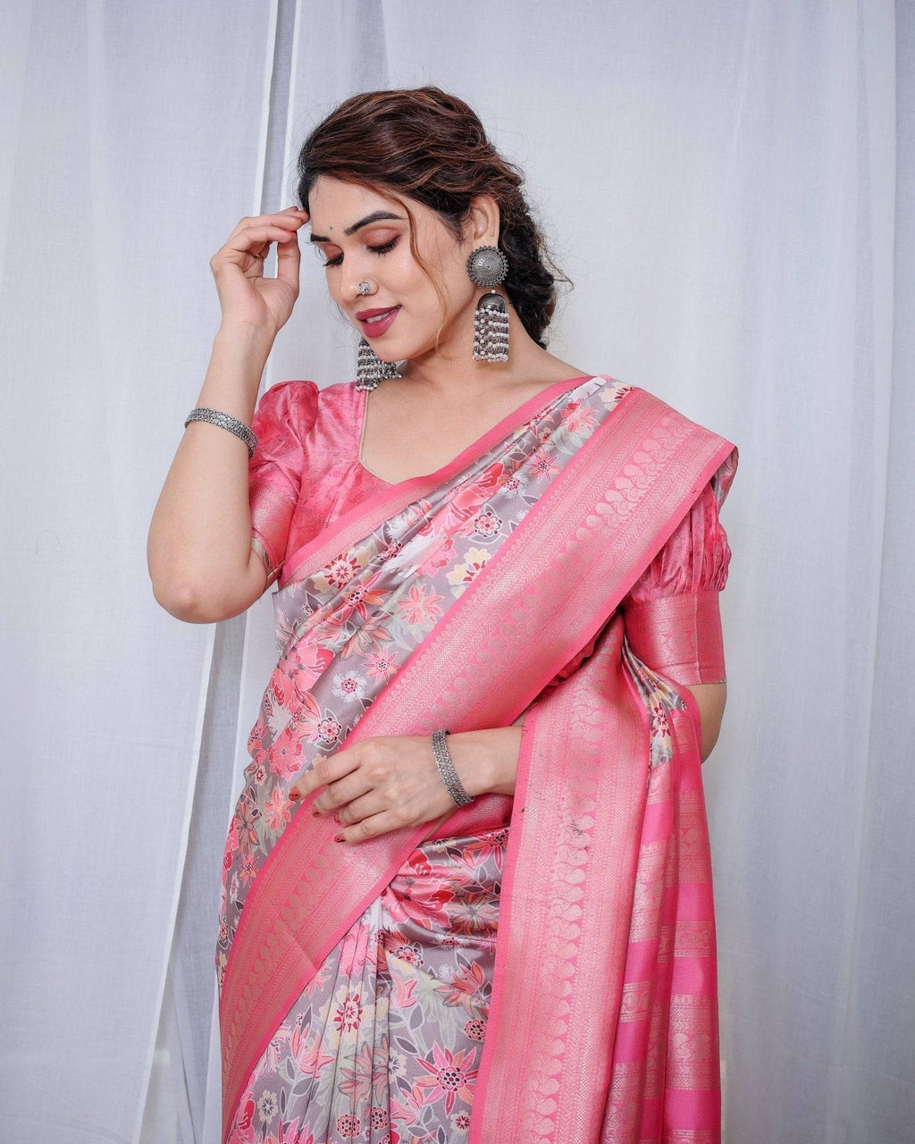 Graceful Pink and Silver Banarasi Silk Saree with Vibrant Floral Design, Zari Weaved Border, and Elegant Pallu BANARASI PRINTED