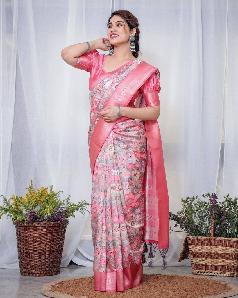 Graceful Pink and Silver Banarasi Silk Saree with Vibrant Floral Design, Zari Weaved Border, and Elegant Pallu BANARASI PRINTED