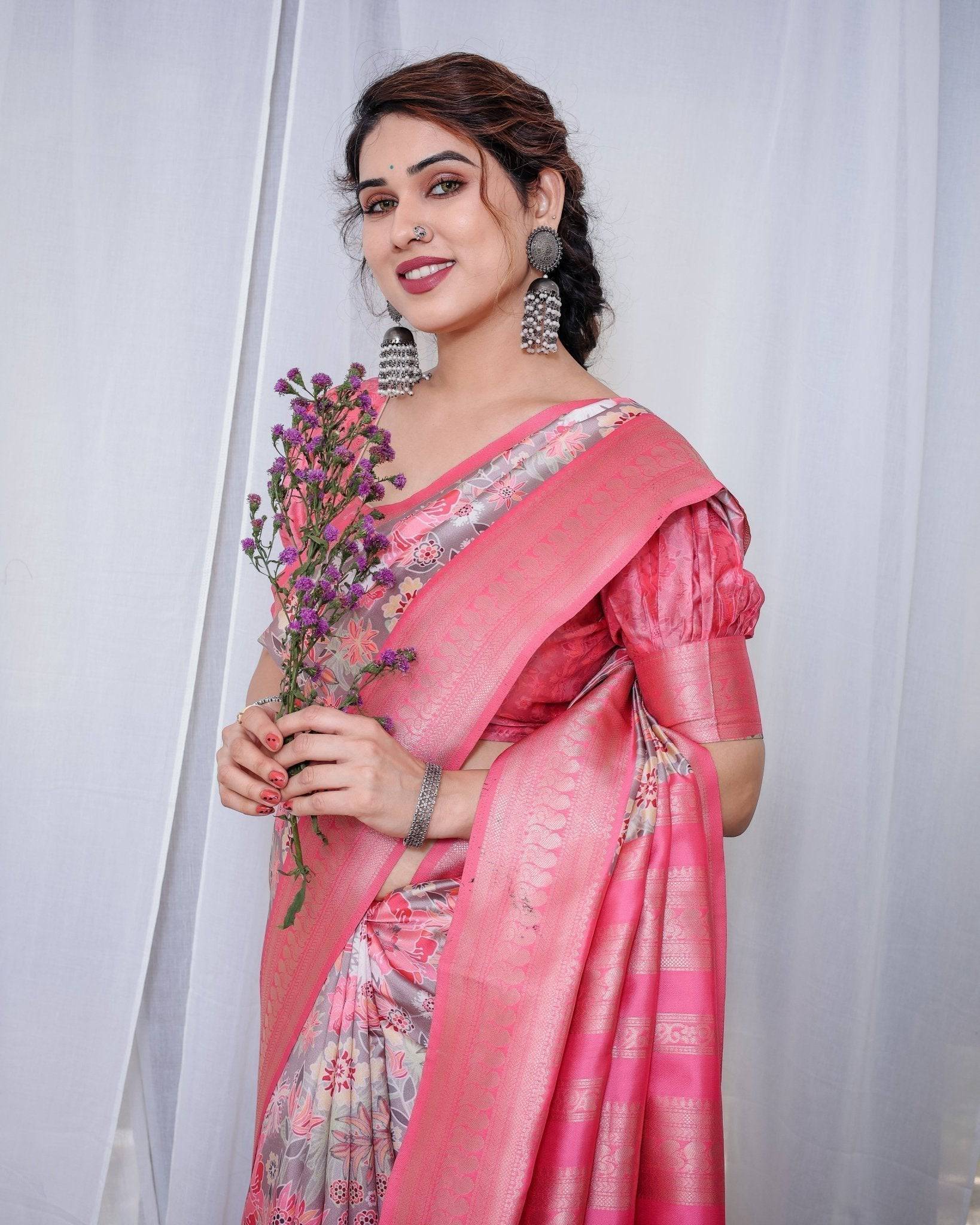 Graceful Pink and Silver Banarasi Silk Saree with Vibrant Floral Design, Zari Weaved Border, and Elegant Pallu BANARASI PRINTED
