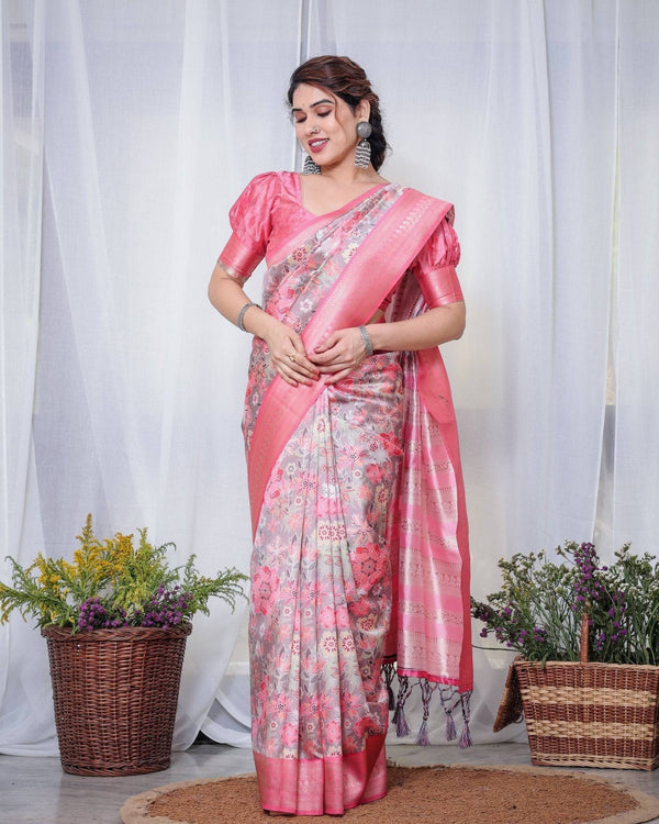 Graceful Pink and Silver Banarasi Silk Saree with Vibrant Floral Design, Zari Weaved Border, and Elegant Pallu BANARASI PRINTED