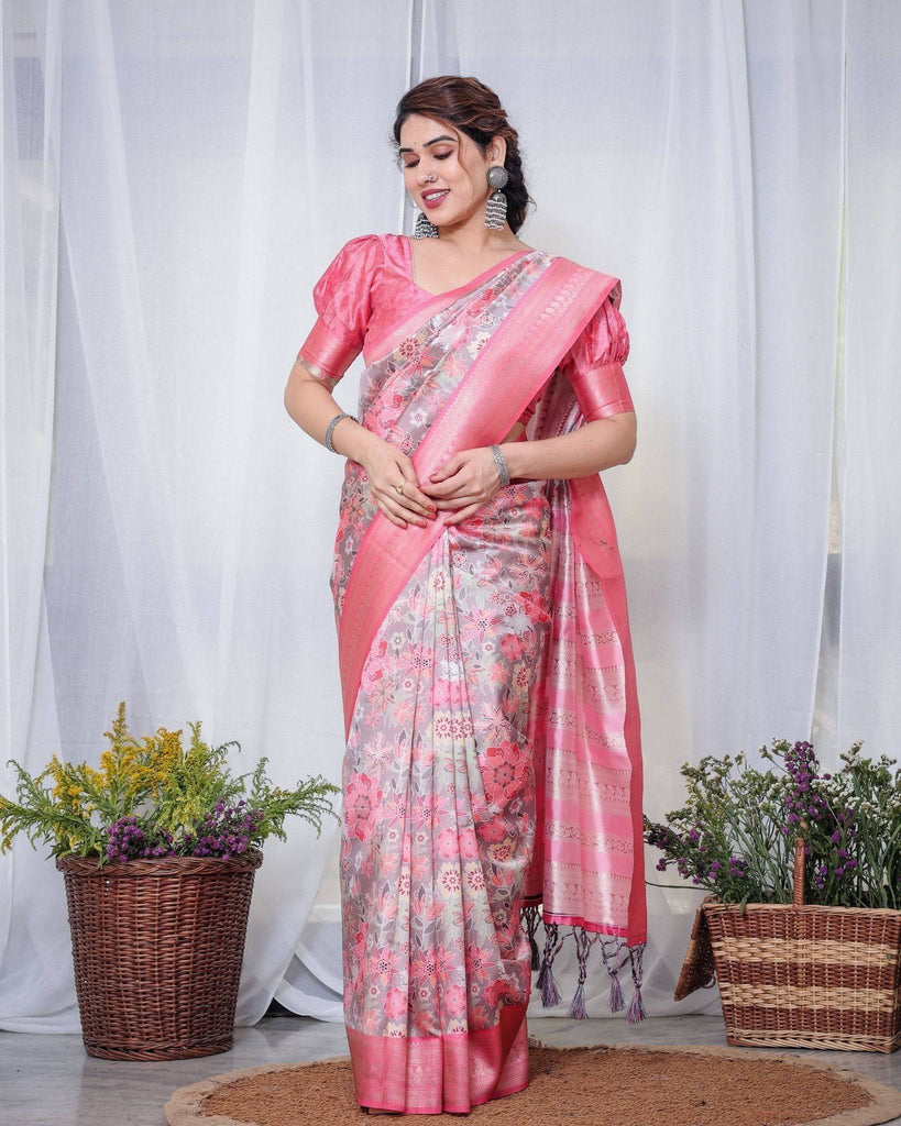 Graceful Pink and Silver Banarasi Silk Saree with Vibrant Floral Design, Zari Weaved Border, and Elegant Pallu BANARASI PRINTED