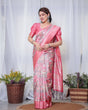 Load image into Gallery viewer, Graceful Pink and Silver Banarasi Silk Saree with Vibrant Floral Design, Zari Weaved Border, and Elegant Pallu BANARASI PRINTED