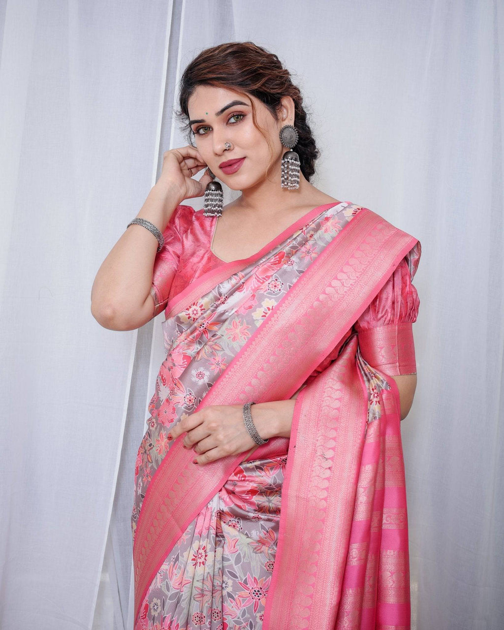 Graceful Pink and Silver Banarasi Silk Saree with Vibrant Floral Design, Zari Weaved Border, and Elegant Pallu BANARASI PRINTED