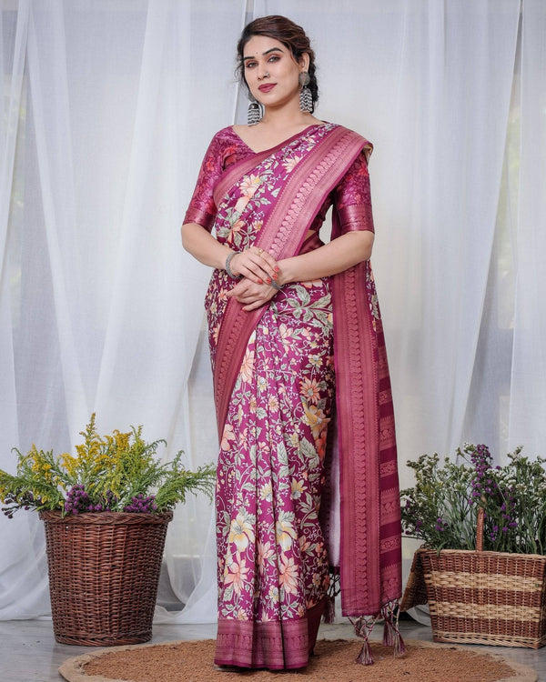 Majestic Maroon Floral Banarasi Silk Saree with Zari Weave and Tassels BANARASI PRINTED