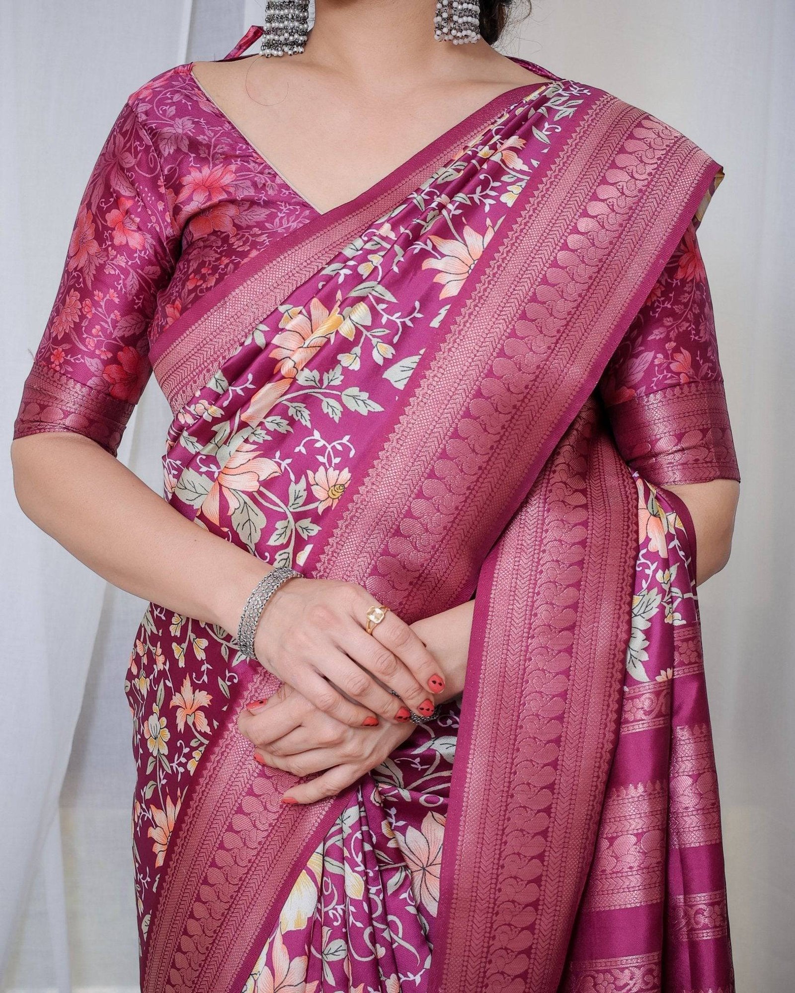 Majestic Maroon Floral Banarasi Silk Saree with Zari Weave and Tassels BANARASI PRINTED
