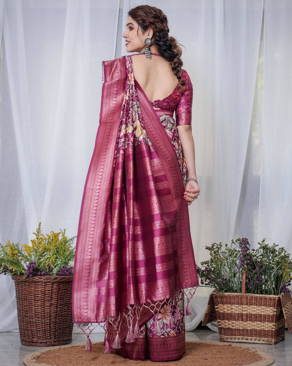 Majestic Maroon Floral Banarasi Silk Saree with Zari Weave and Tassels BANARASI PRINTED