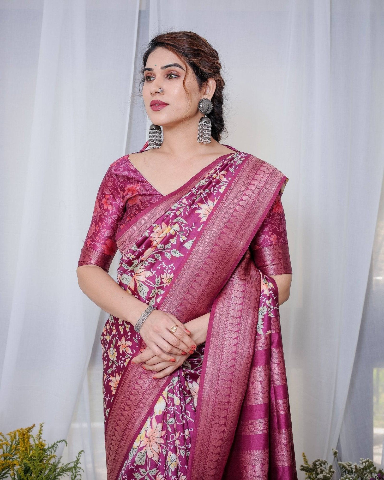Majestic Maroon Floral Banarasi Silk Saree with Zari Weave and Tassels BANARASI PRINTED