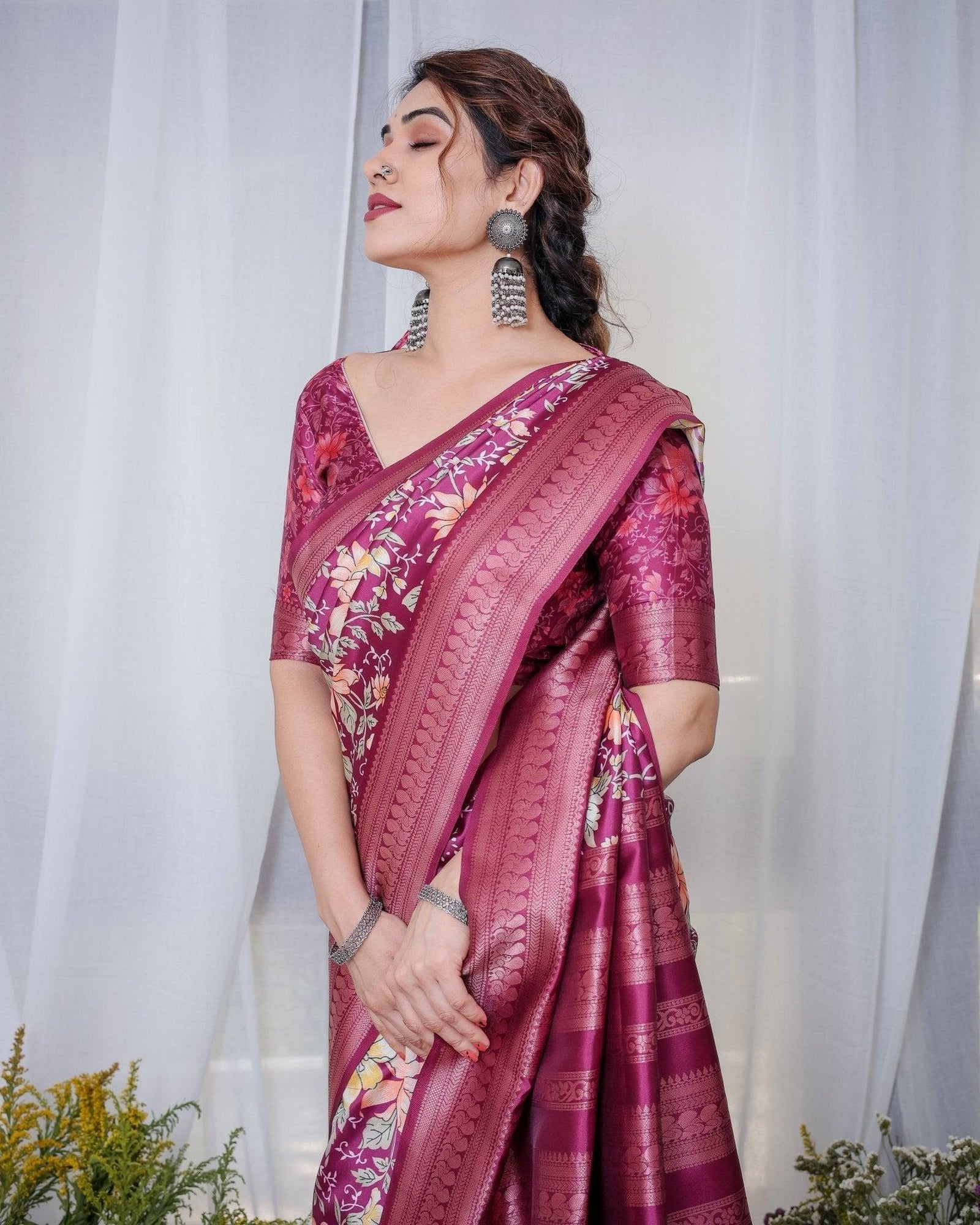 Majestic Maroon Floral Banarasi Silk Saree with Zari Weave and Tassels BANARASI PRINTED