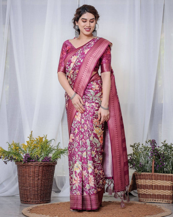 Majestic Maroon Floral Banarasi Silk Saree with Zari Weave and Tassels BANARASI PRINTED