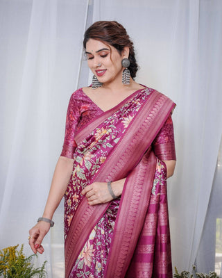 Majestic Maroon Floral Banarasi Silk Saree with Zari Weave and Tassels BANARASI PRINTED