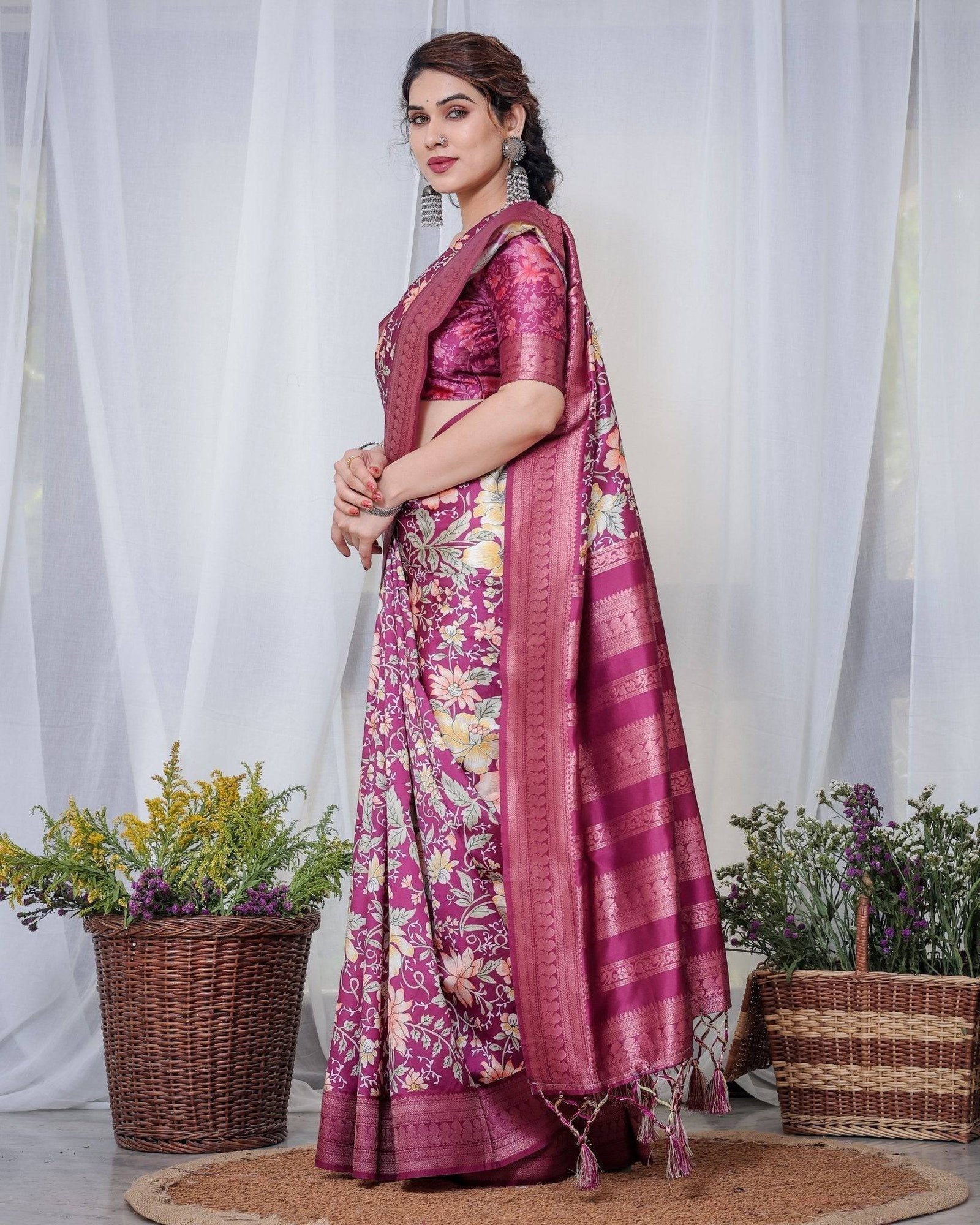 Majestic Maroon Floral Banarasi Silk Saree with Zari Weave and Tassels BANARASI PRINTED