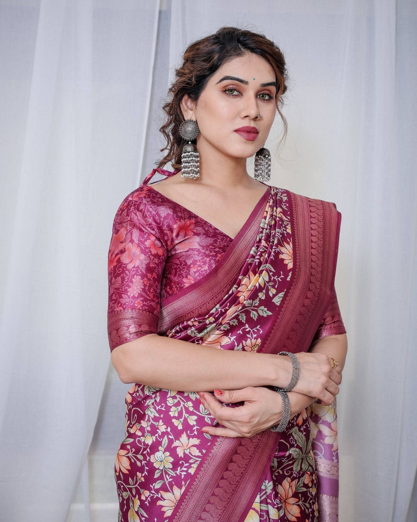 Majestic Maroon Floral Banarasi Silk Saree with Zari Weave and Tassels BANARASI PRINTED