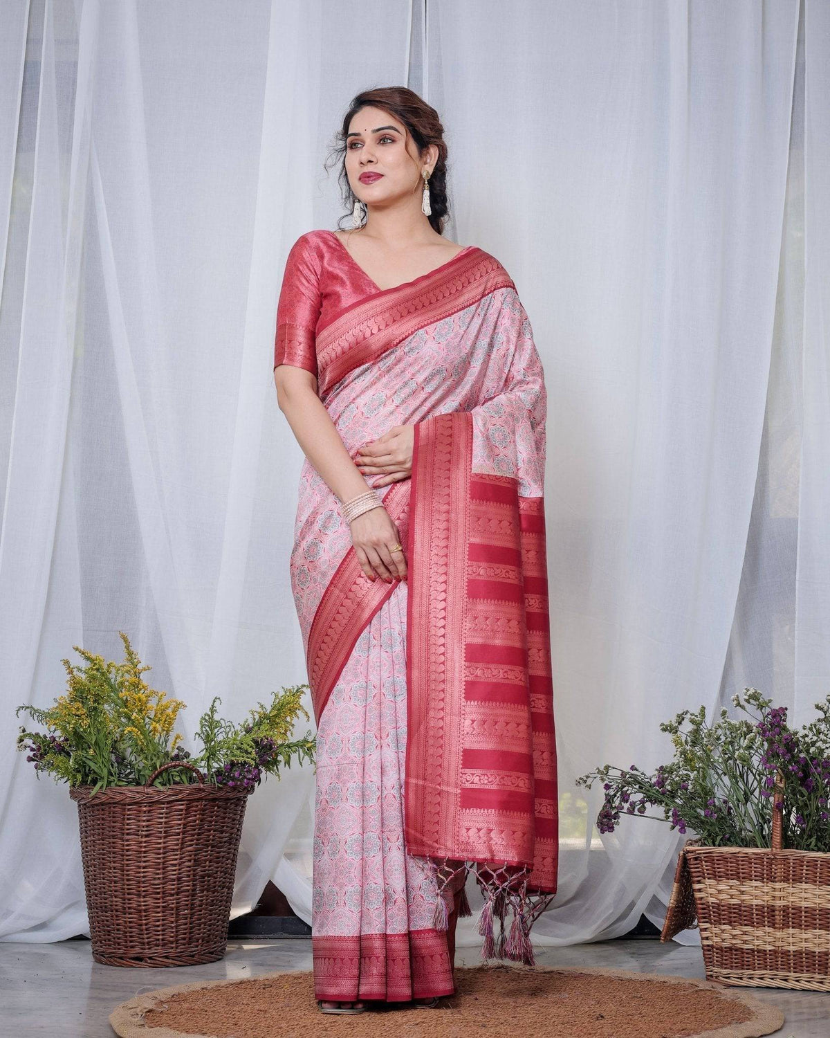 Crimson Red & White Banarasi Silk Saree with Intricate Geometric Motifs BANARASI PRINTED Main image