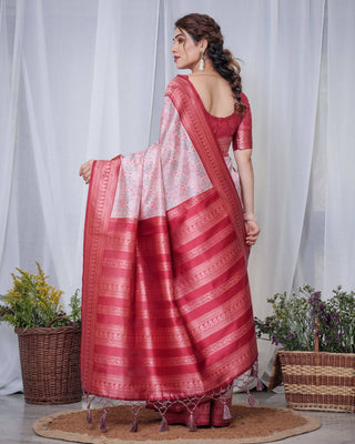 Crimson Red & White Banarasi Silk Saree with Intricate Geometric Motifs BANARASI PRINTED