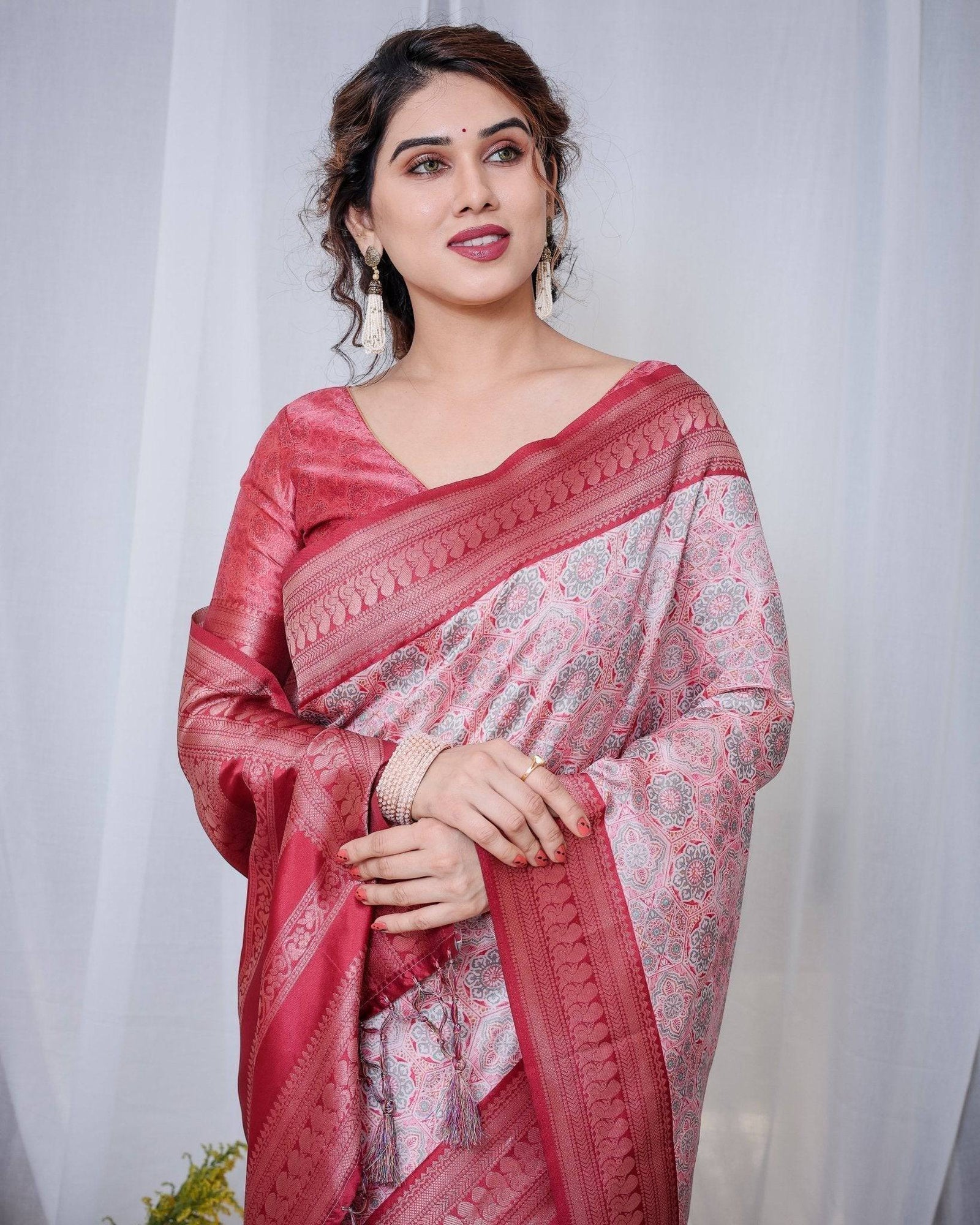 Crimson Red & White Banarasi Silk Saree with Intricate Geometric Motifs BANARASI PRINTED