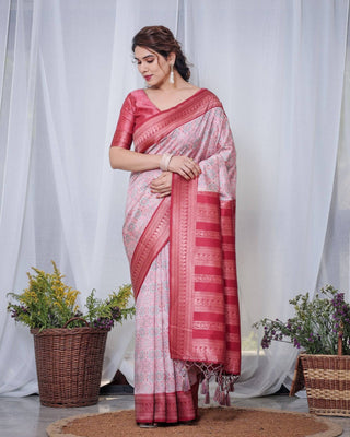 Crimson Red & White Banarasi Silk Saree with Intricate Geometric Motifs BANARASI PRINTED
