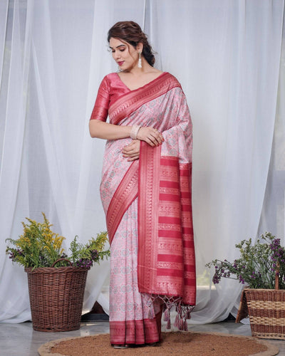 Crimson Red & White Banarasi Silk Saree with Intricate Geometric Motifs BANARASI PRINTED