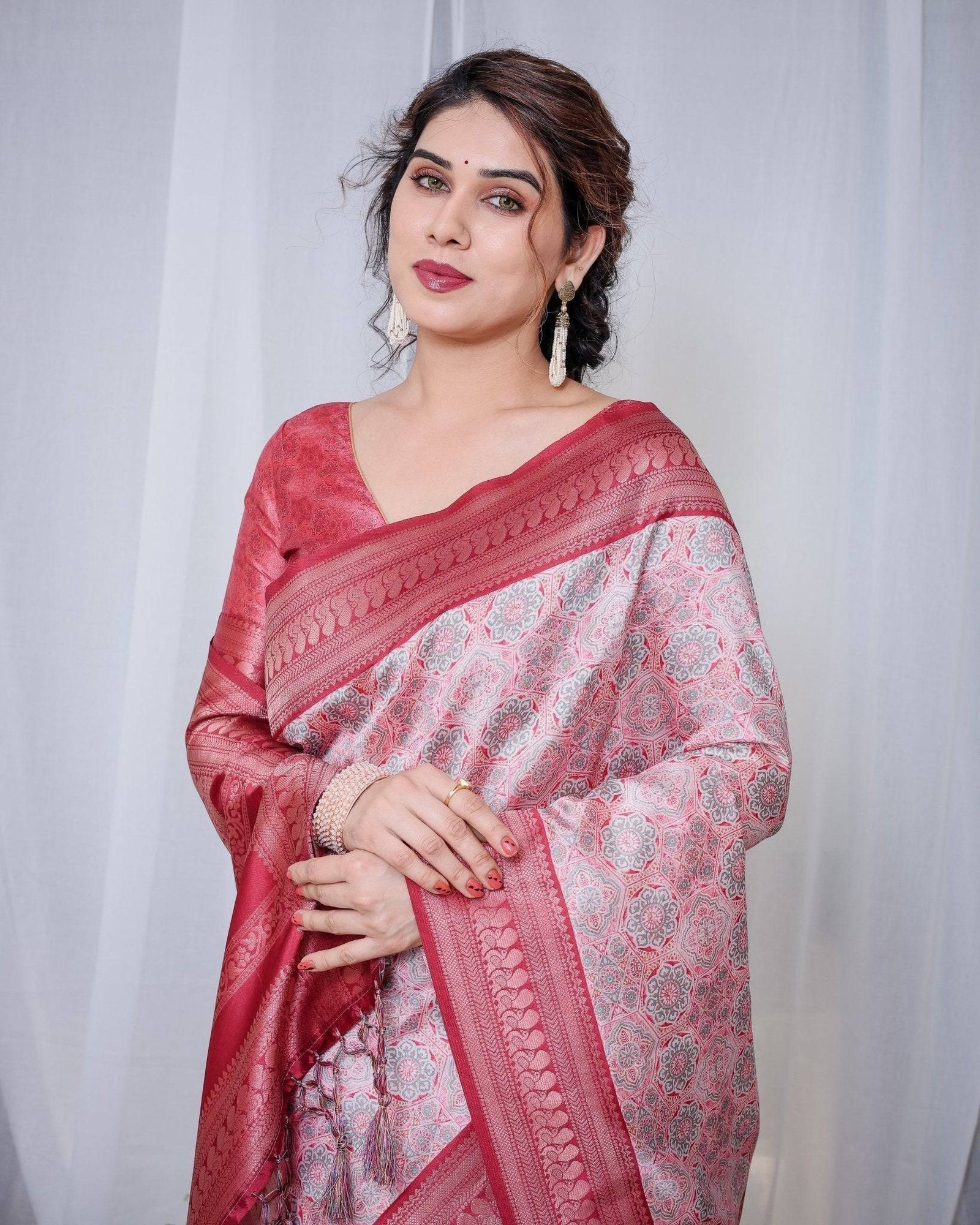 Crimson Red & White Banarasi Silk Saree with Intricate Geometric Motifs BANARASI PRINTED