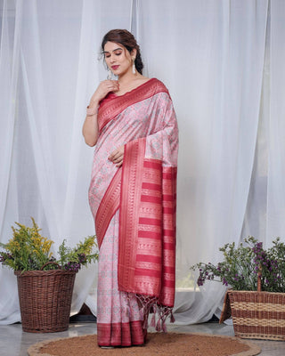 Crimson Red & White Banarasi Silk Saree with Intricate Geometric Motifs BANARASI PRINTED