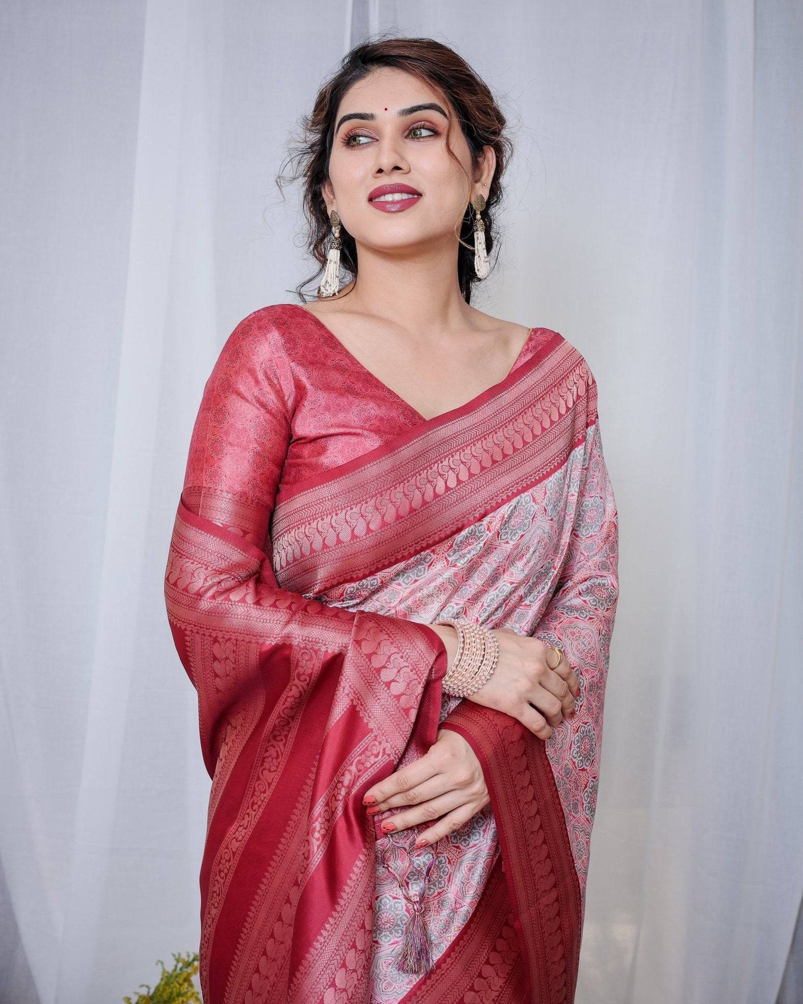 Crimson Red & White Banarasi Silk Saree with Intricate Geometric Motifs BANARASI PRINTED