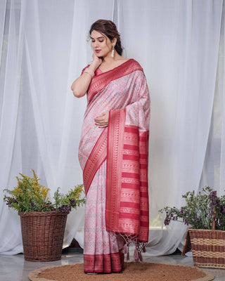 Crimson Red & White Banarasi Silk Saree with Intricate Geometric Motifs BANARASI PRINTED