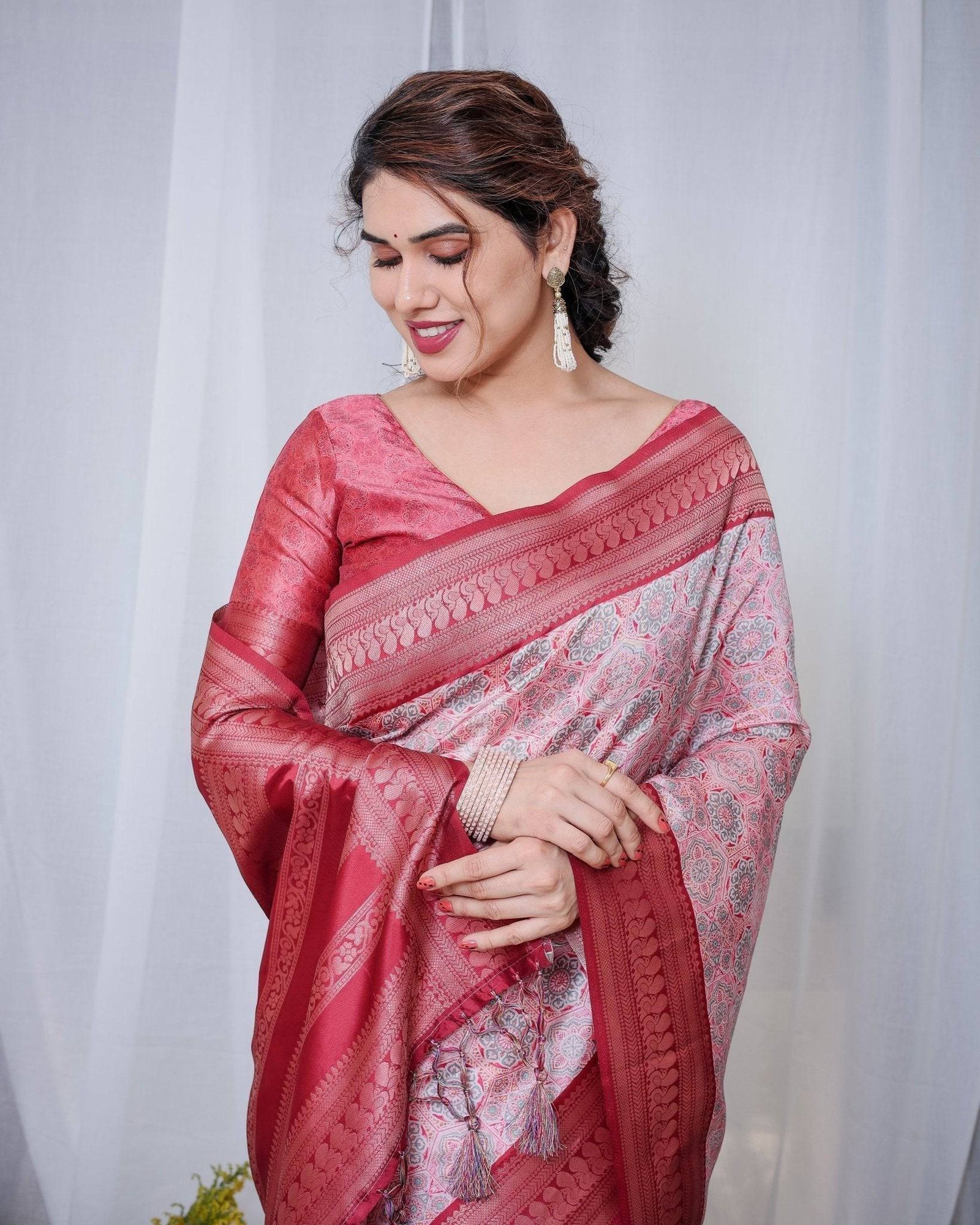 Crimson Red & White Banarasi Silk Saree with Intricate Geometric Motifs BANARASI PRINTED