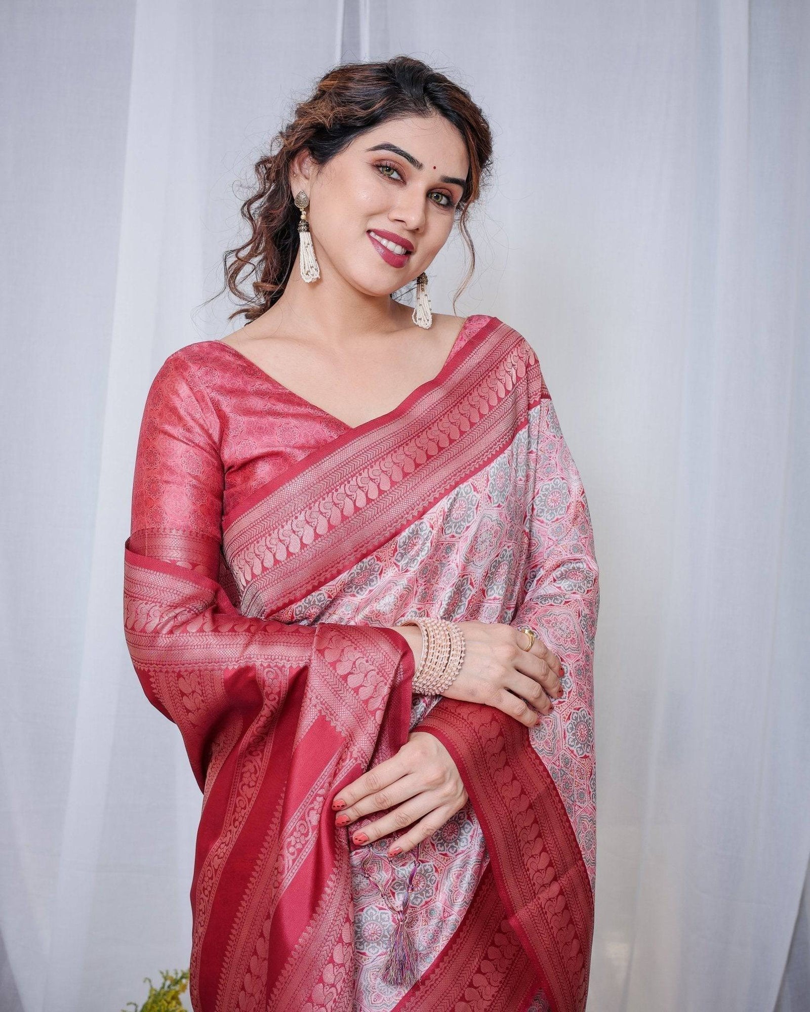 Crimson Red & White Banarasi Silk Saree with Intricate Geometric Motifs BANARASI PRINTED