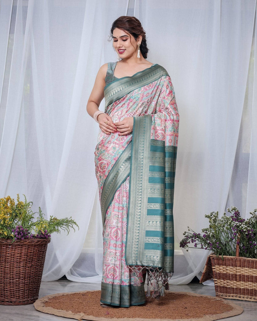 Teal Green Banarasi Silk Saree with Multicolor Digital Patchwork Print & Zari Border BANARASI PRINTED