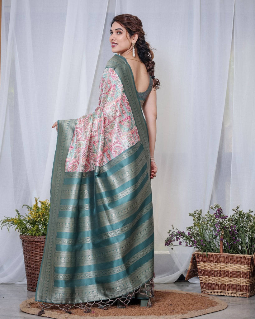 Teal Green Banarasi Silk Saree with Multicolor Digital Patchwork Print & Zari Border BANARASI PRINTED