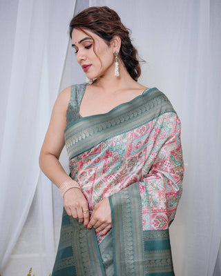 Teal Green Banarasi Silk Saree with Multicolor Digital Patchwork Print & Zari Border BANARASI PRINTED