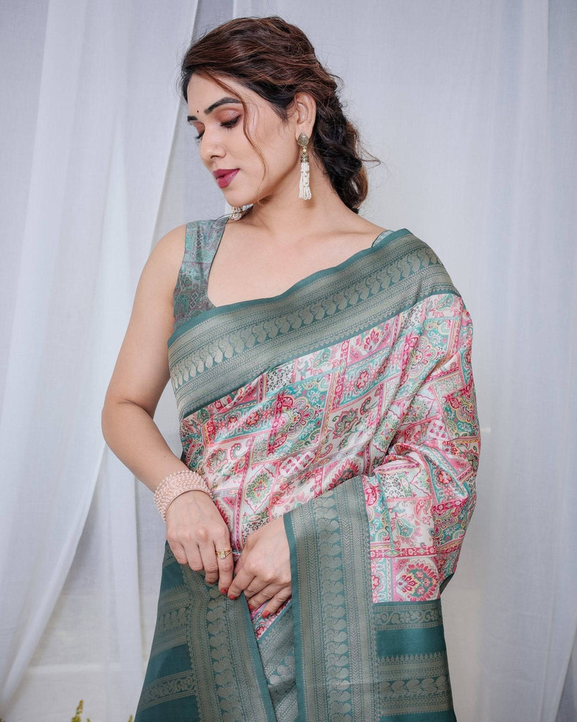 Teal Green Banarasi Silk Saree with Multicolor Digital Patchwork Print & Zari Border BANARASI PRINTED