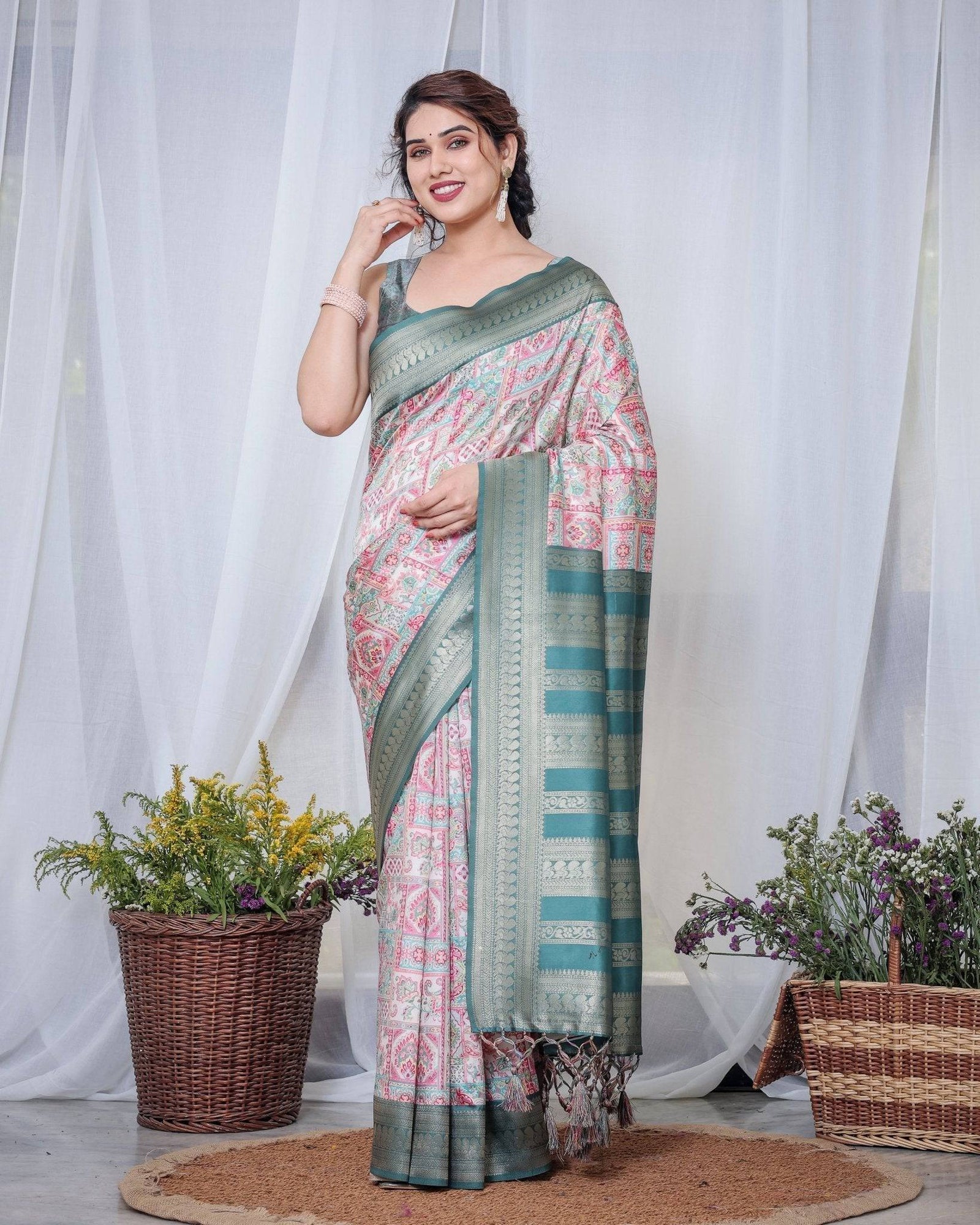 Teal Green Banarasi Silk Saree with Multicolor Digital Patchwork Print & Zari Border BANARASI PRINTED