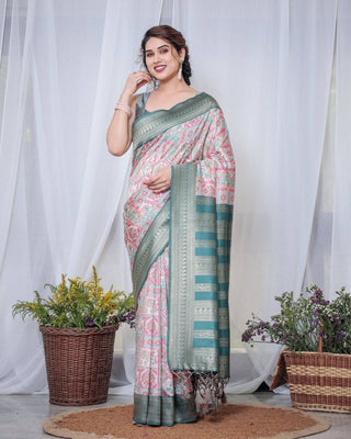 Teal Green Banarasi Silk Saree with Multicolor Digital Patchwork Print & Zari Border BANARASI PRINTED